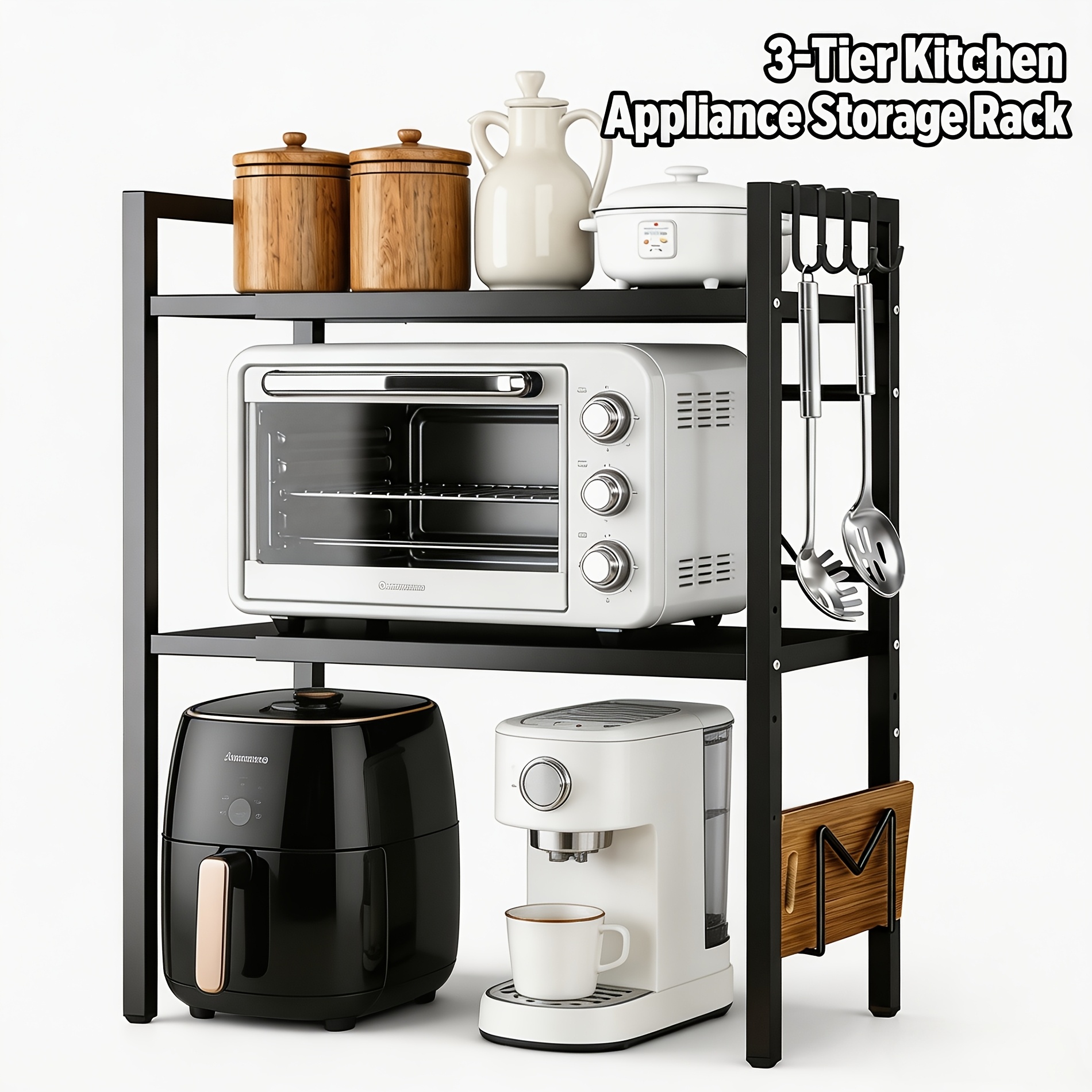 TEMU Metal 2/3-tier Microwave Oven Rack, Adjustable Kitchen Countertop Storage Shelf With Utensil Hooks And Cutting Board Holder, Heavy Duty Counter