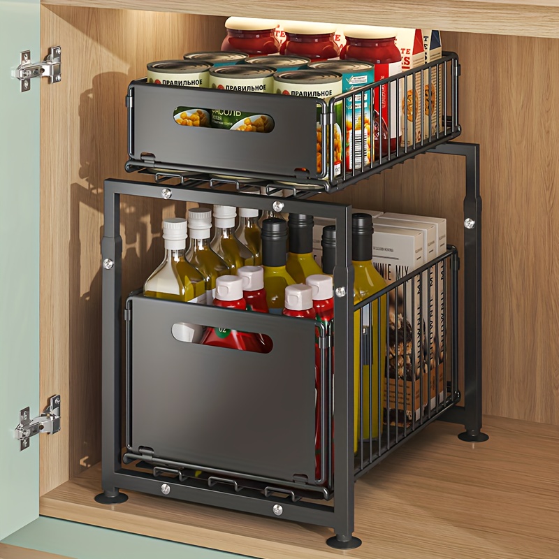 Adjustable Golden Metal Pull-out Rack Double-layer Sink Cabinet Storage Pull-out Basket Kitchen Pull-out Storage Rack Cabinet Internal Layered Rack Adjustable Shelves And Sliding Rails