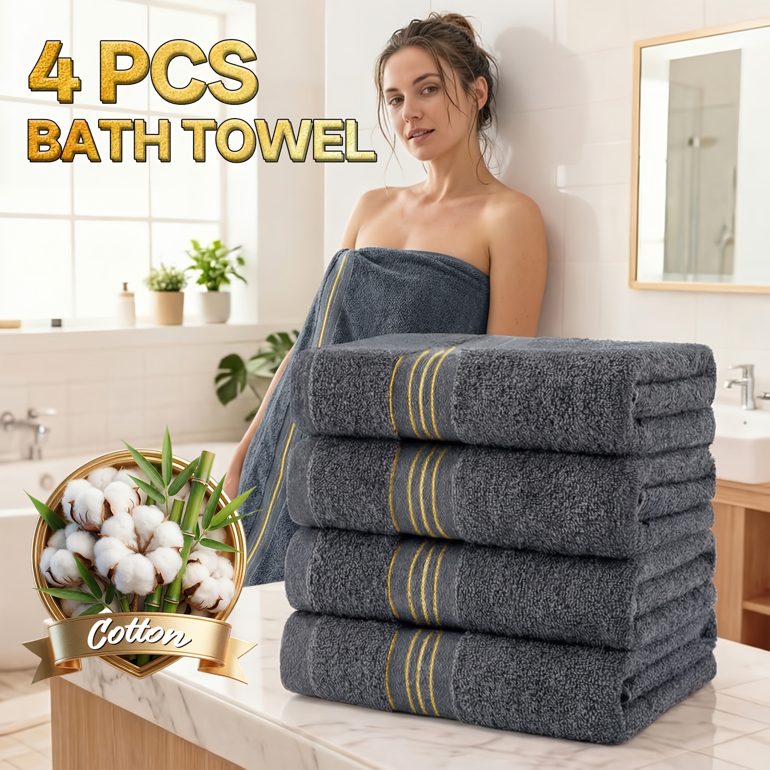 TEMU 4pcs Cotton Blend Bath Towels, To Dry & Super Soft Towel Set - Lightweight And Absorbent Quick Drying Bath Towel Set, Bathroom, Skin-friendly