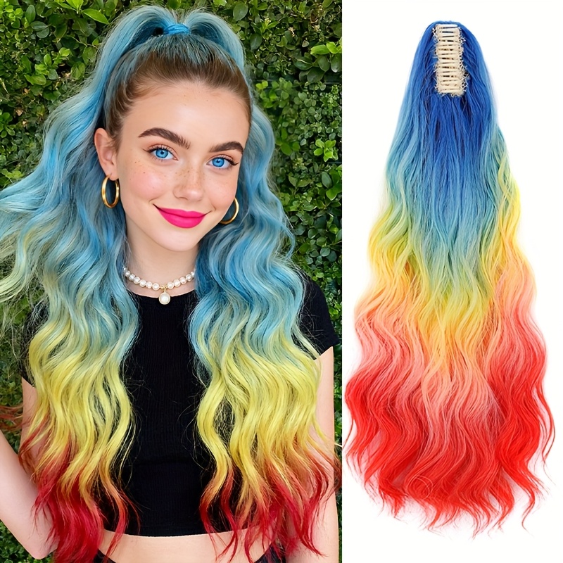 Image of Women' Ponytail Hair Extension - Synthetic Clip-in Secure Claw Clip With Multicolor Ombre (pink, Green, Yellow, Orange, Purple, Red, ) For Everyday & Halloween Parties, Photos - & Photoshoots