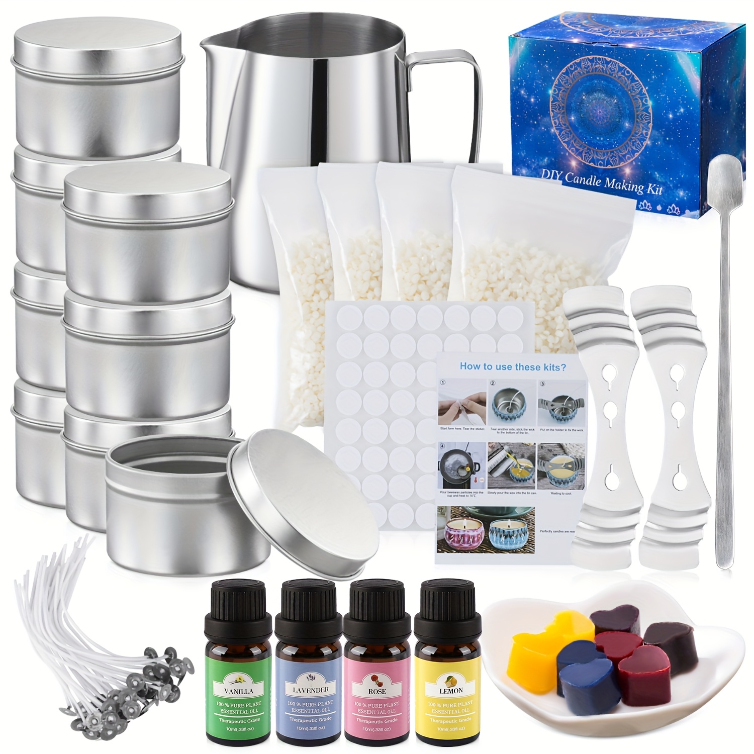 135-Piece DIY Candle Making Kit with Essential Oils, Soy and Beeswax Options, Includes Stirring Spoon, Measuring Cup, Storage Jar, Colored W