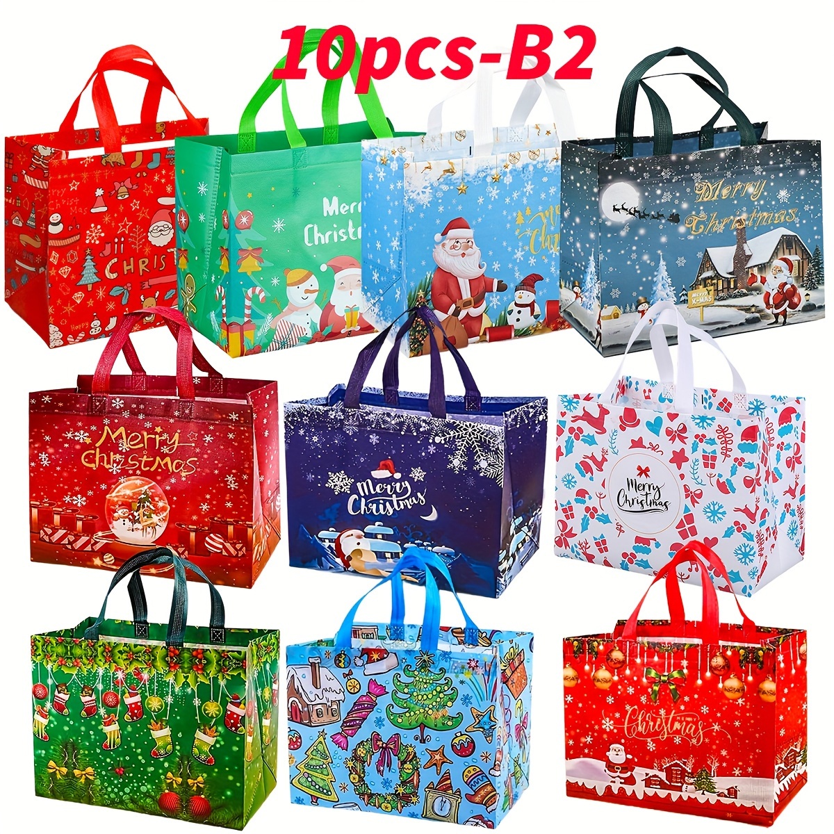 Image of 10pcs Large Christmas Gift Bags With Handles, Reusable Non-woven Fabric Holiday Shopping For New Year & Xmas Party Decorations, 12.8''×9.8''×6.7''