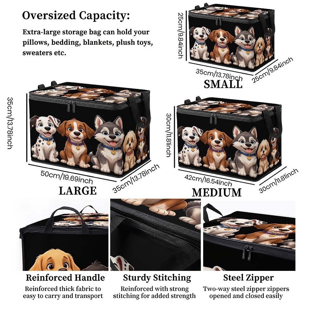 TEMU 1pc Large Capacity Foldable Storage Box With Zippered Lid & Octagonal Base Suitable For Clothes,, Blankets Organizer - Cute Puppies Print Non-