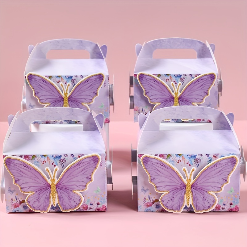 

4pcs/set, Diy Stickers Butterfly Candy Boxes, Wedding Bridal Shower Butterfly Party Supplies 4pcs Foodie Gifts Paper Box Bag, Happy Birthday Party Dessert Packing Boxes For Guests