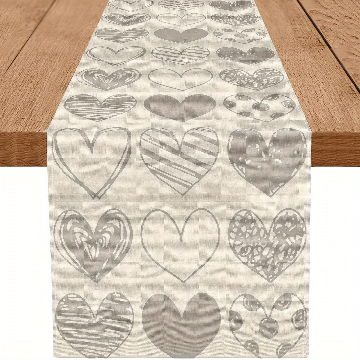 

Valentine's Day Linen Table Runner, 100% Woven Linen Rectangular Table Decor, With Grey Love Heart Pattern, For Anniversary, Wedding, Home, Kitchen, Dining, Day