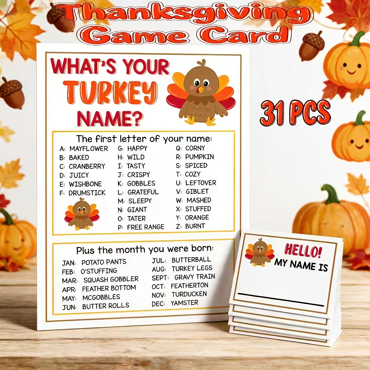 TEMU What's Your Turkey Name? Game - 31pcs Thanksgiving Party Icebreaker, Turkey Name Generator & Name Tag Cards For Adults, Holiday Party Game,
