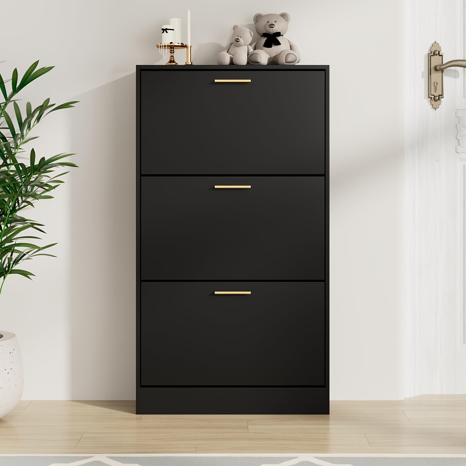 3-Drawer Shoe Cabinet Hidden Narrow Freestanding Shoe Storage  Organizer with Golden-* Hardware, White Contemporary Entryway C