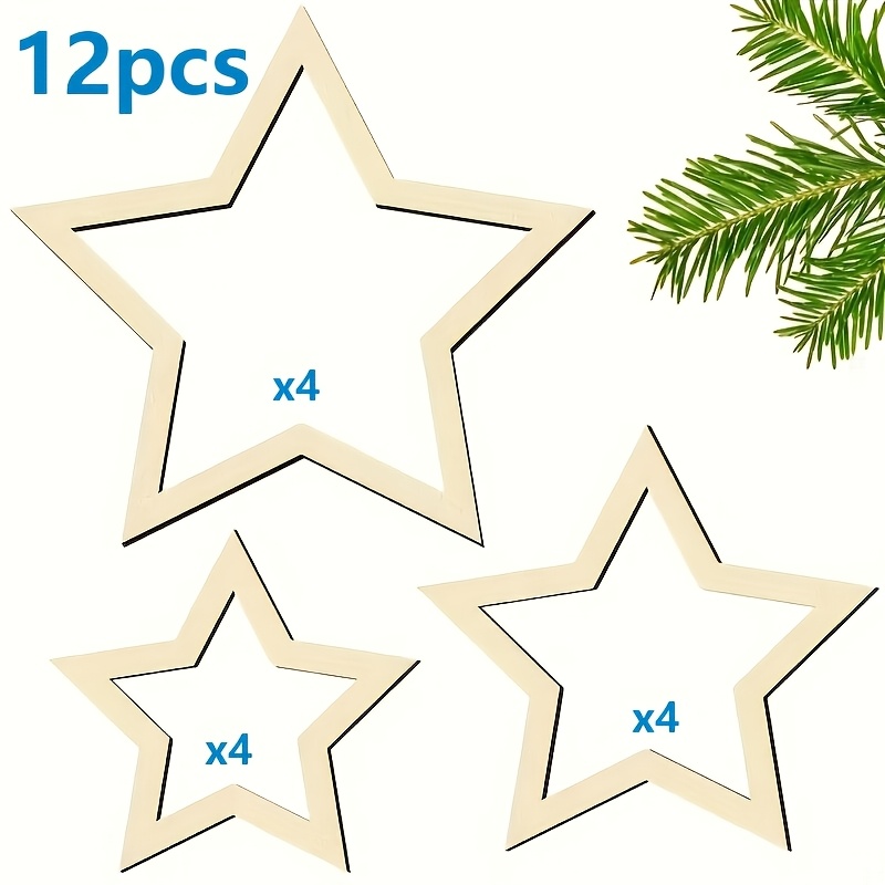 TEMU 12pcs Mixed Wooden Hollow Star-shaped Christmas Ornaments Wooden , Including 3 Sizes. Used For Handmade Paper Cutouts, Unique Artworks; Suitable