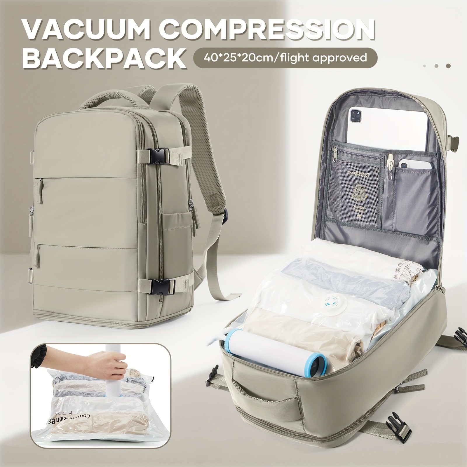 Bolso de Duffel para viaje, bolso de luggage 40*25*20, aprobado para vuelos, multifuncional, bolso de espalda para mujeres, bolso de compresión al vacuum con pulverizador al vacuum, artifato libre, reducción de espacio al 50%, combinación con esentiales para viaje familiar - Imagen 9