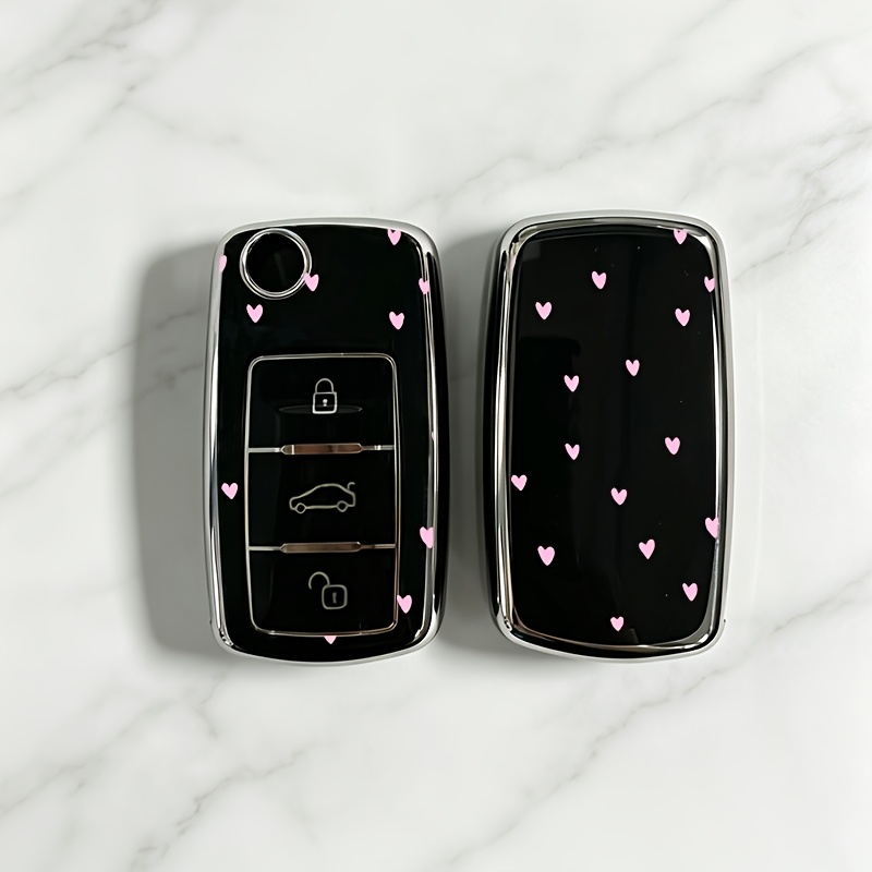 TEMU Pink Heart 2, 2d Flat Suitable For Vw 3-button Key Cover, Soft Tpu Full Protective Key Shell For New , Tiguan, Golf, , For , Men And Women High-