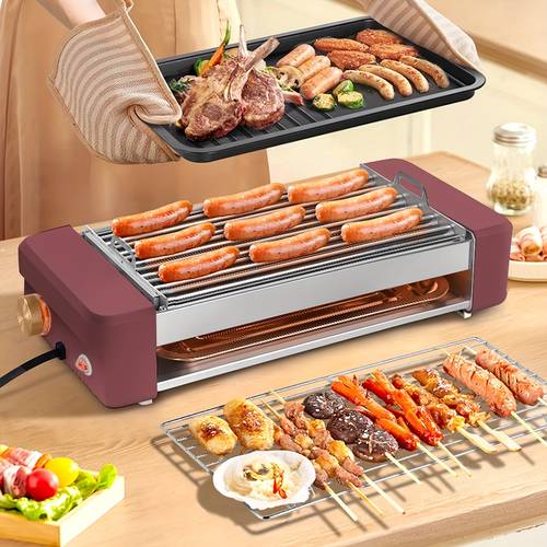 4 in 1 multi functional sausage roaster and hot dog machine with plate silicone basting brush and silicone roasting tongs non stick tabletop barbecue grill adjustable temperature detachable panel