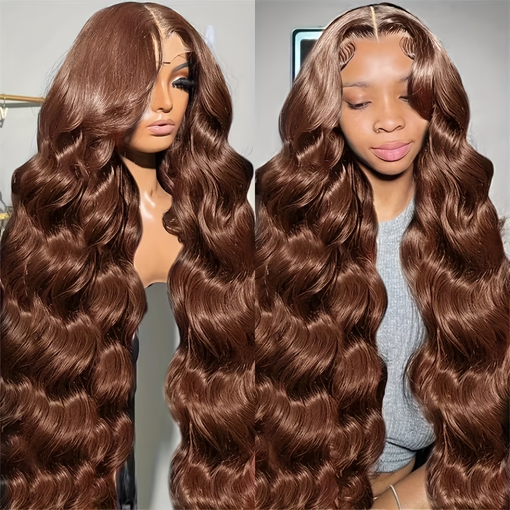 Image of Chocolate Brown Body Wave Lace Front Wig 250% Density Transparent 13x6 Hd Lace Frontal Wigs Preplucked #4 Colored Human Hair Wigs For Women Halloween Wig