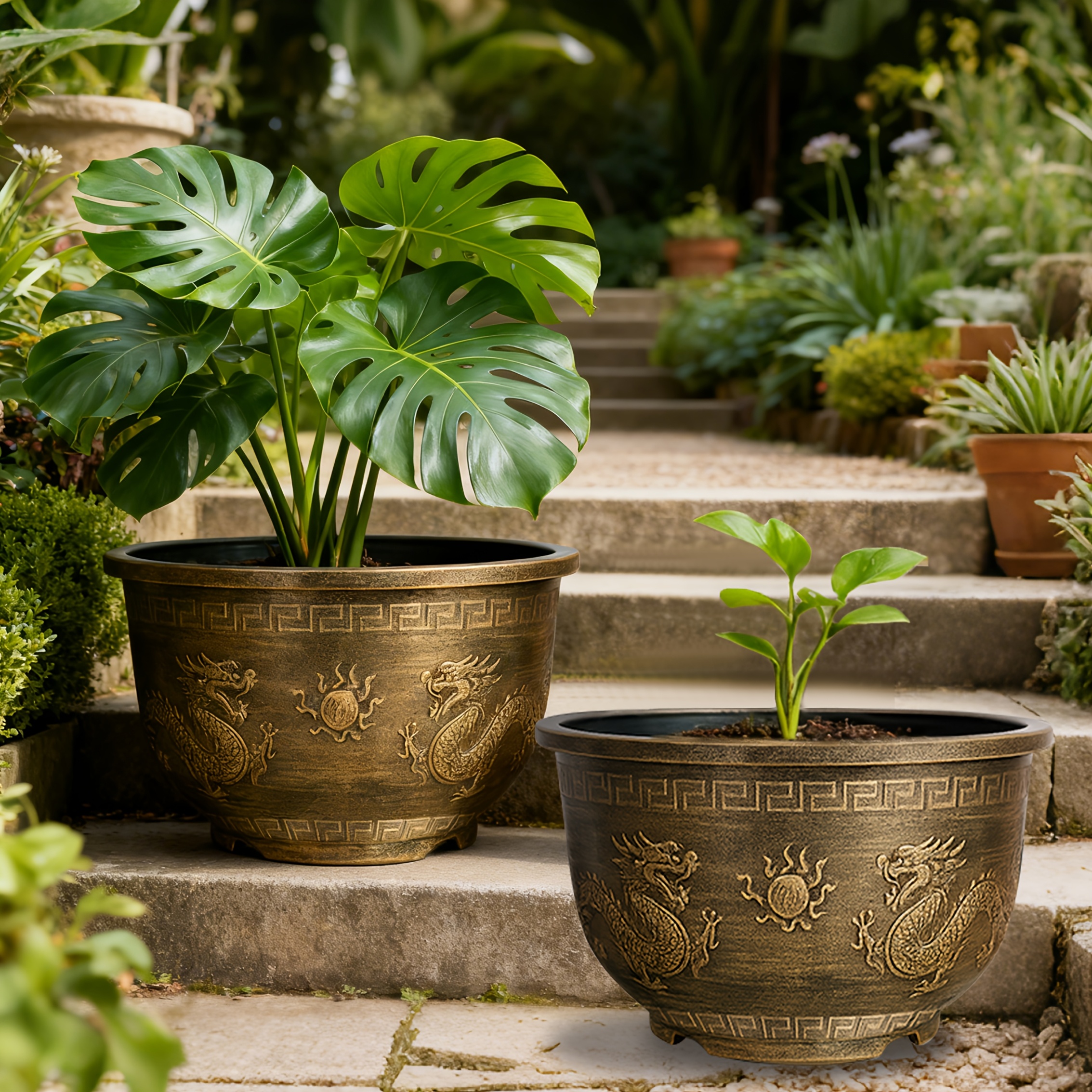 TEMU Set Of 4, 15-inch Resin Flower Containers Featuring Drainage Holes, With A And Vibrant Dragon Design, Perfect For Gardening, Succulent Displays,