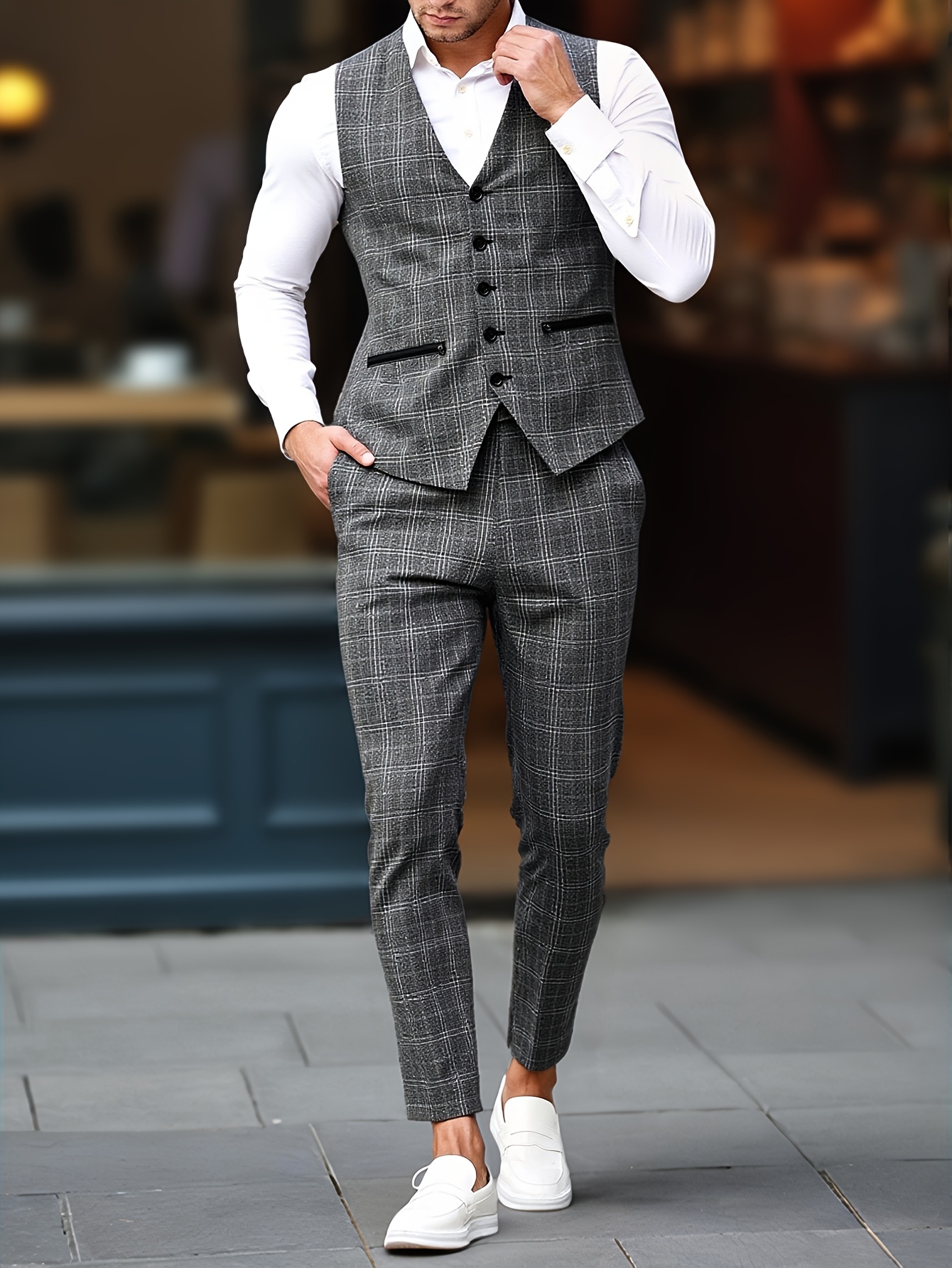 mens grey dress pants and vest MOGU 3 Piece Grey Suits for Men Slim Fit Wedding Prom Tuxedos Plaid Formal Dress Pants Suits, Jacket38/Pants34 / Grey