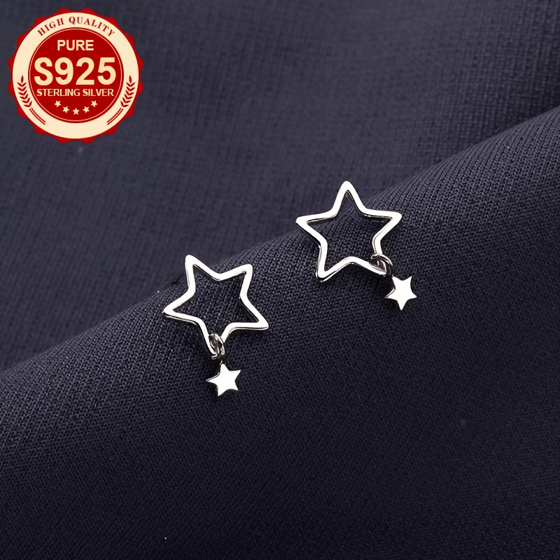 Women's S925 Silver Hollow Pentagram Pendant Stud Earrings