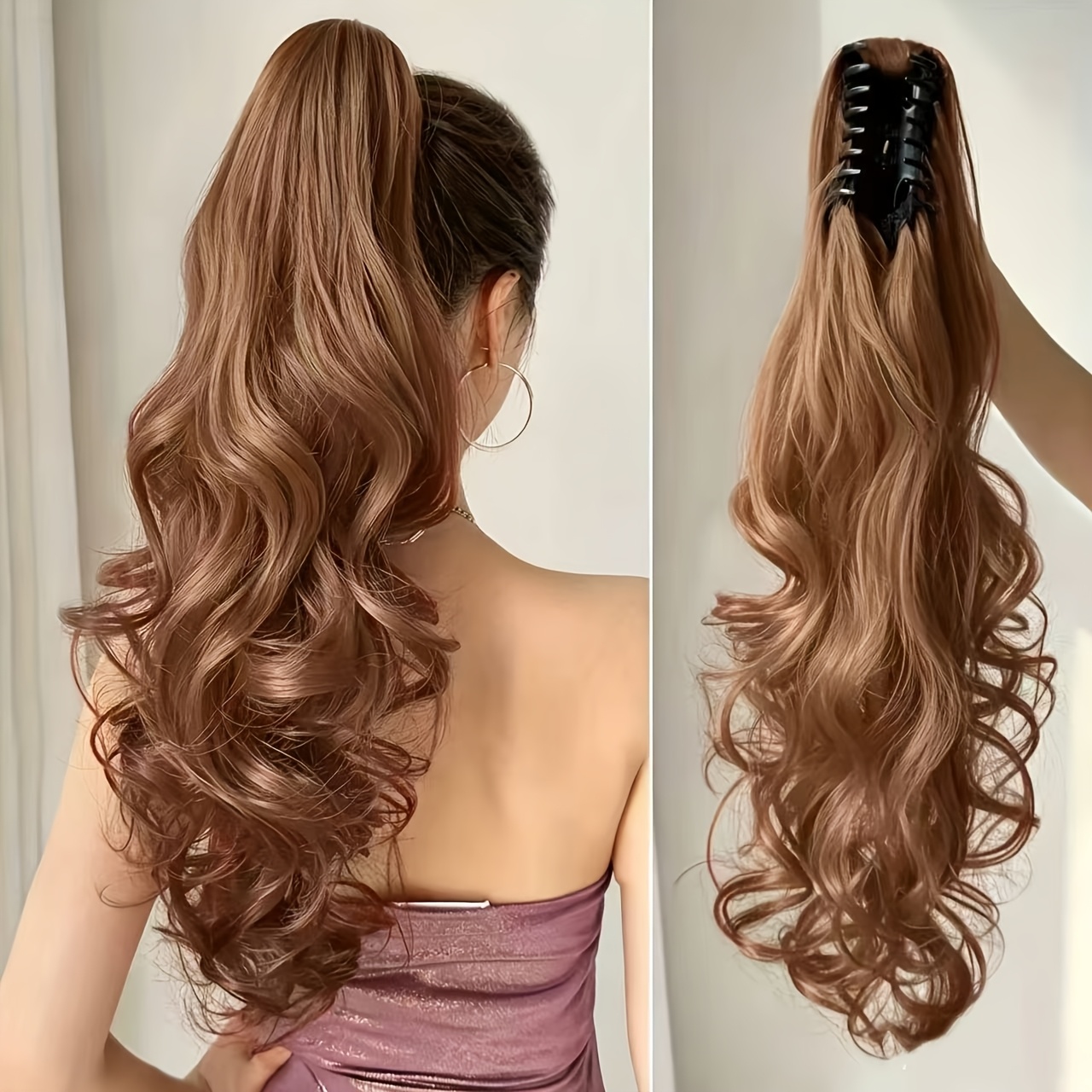 TEMU Clip-on Ponytail Wig, 26-inch Large Wave Long Curly Hair Wig, High-temperature Ponytail Hair Piece, Women' Party Cosplay Wig