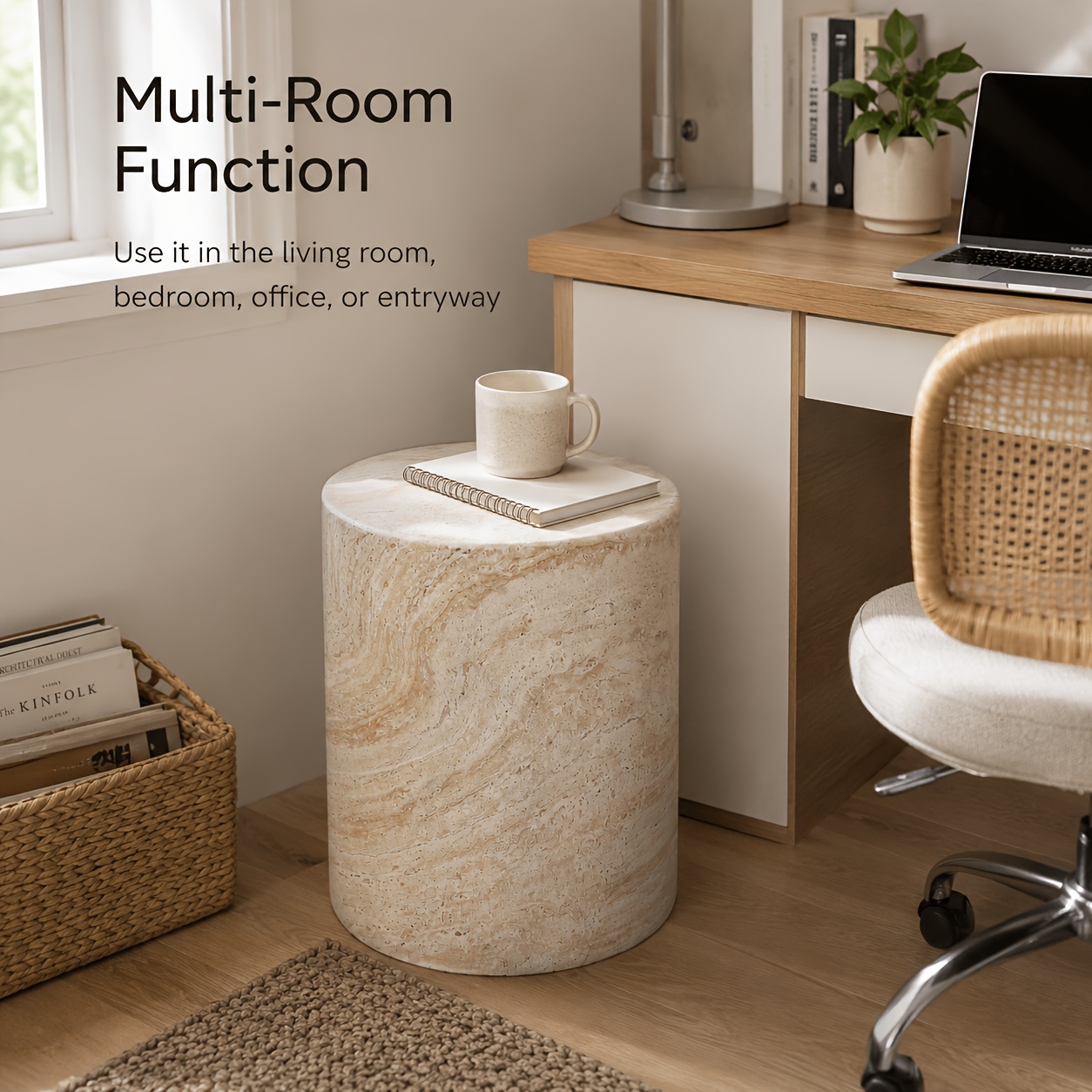 Modern Faux Marble Column Side Table, Minimalist Round Pedestal Coffee Table, Artistic Display Stand for Living Room & Hotel, Aesthetic Home Decor