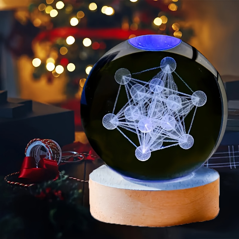 

3d ' Crystal Ball With Wooden Colored Led Lamp Base, Night Light, Grid Sphere For Meditation Decoration, Spiritual Decordecor