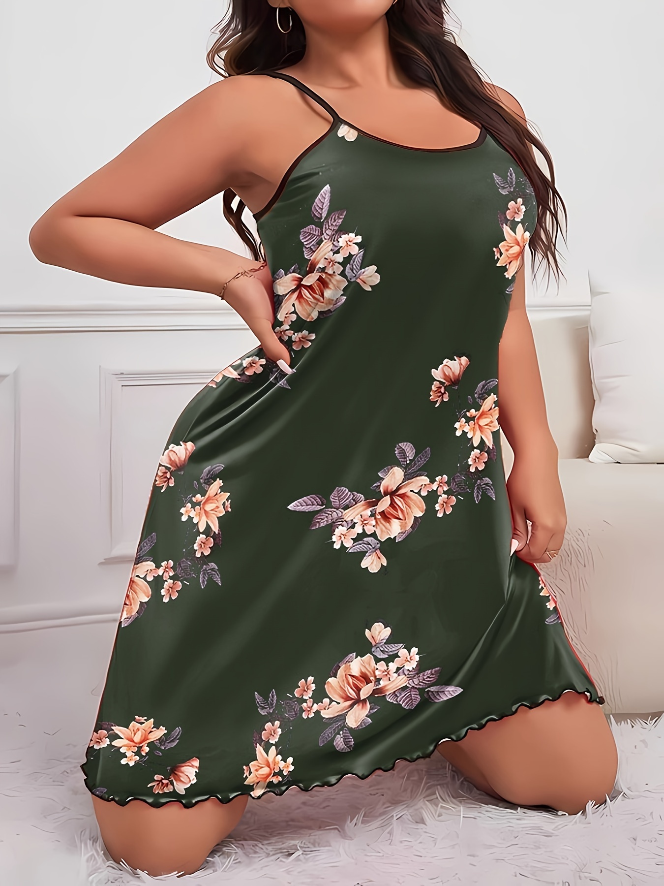 Women's Plus Sexy Loungewear Dress, Plus Size Floral Print Round Neck Frill Trim Cami Nightdress