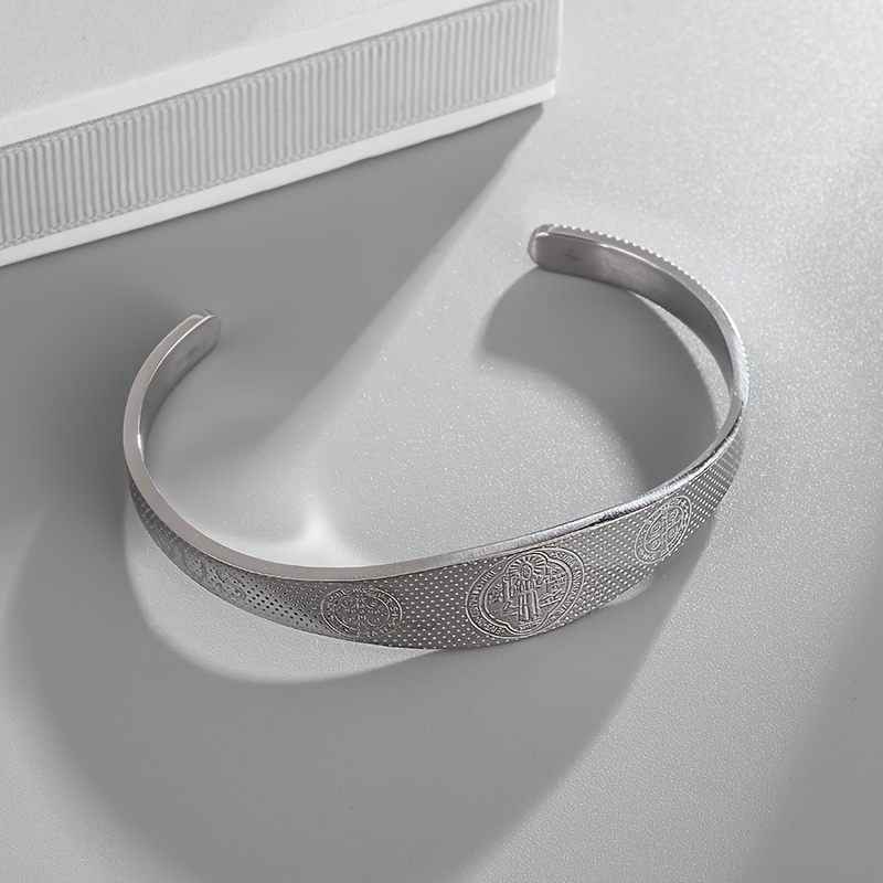 Unisex Stainless Steel Open Bangle Bracelet with Cross Design