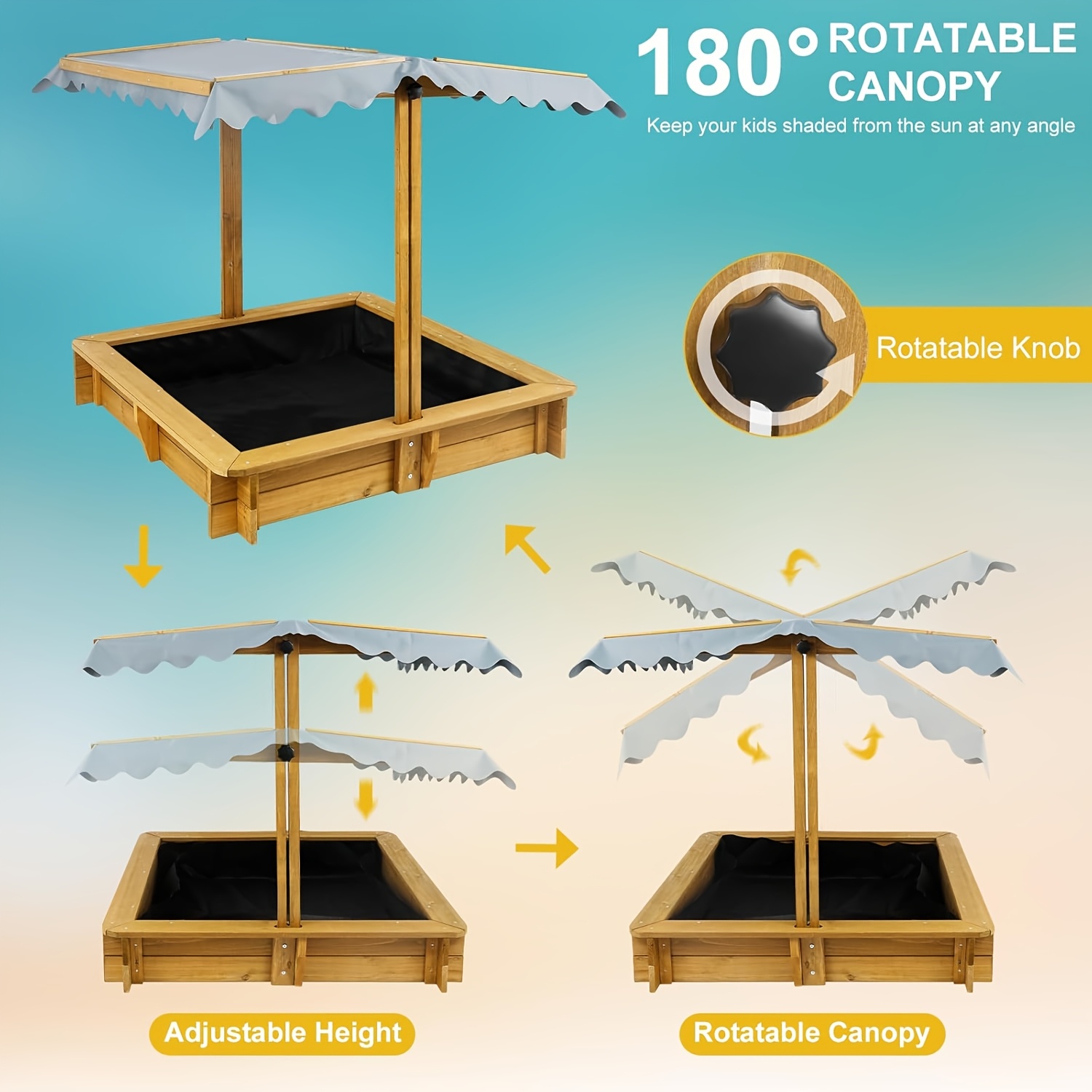 KETIVE Wooden Sandbox With Cover, Outdoor Kids Sand Box With Lid 4 Reinforced Bench Seats & UV-Resistant, Height Adjustable Canopy All-Round Bottom Liner Outdoor For Backyard Beach (45.3'' X 45.3'')