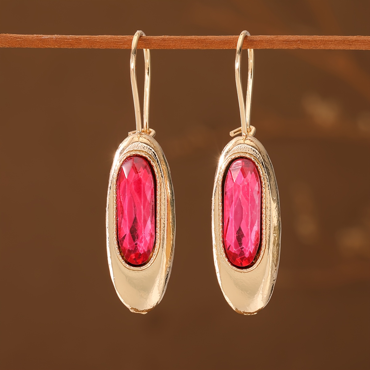 TEMU Bohemian Luxury Rose Red Synthetic Synthetic Zirconia Oval Geometric Women's Earrings, Suitable For Parties, Gatherings, Dates, Banquets, And