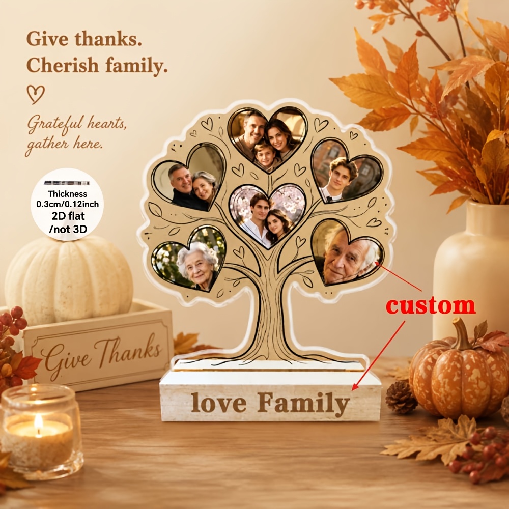 TEMU 2d Flat, 1pc Customized Acrylic Ornament With 6 Family And Friend Photos, Warm Thanksgiving Father's Day Mother's Day Desktop Decoration Wooden