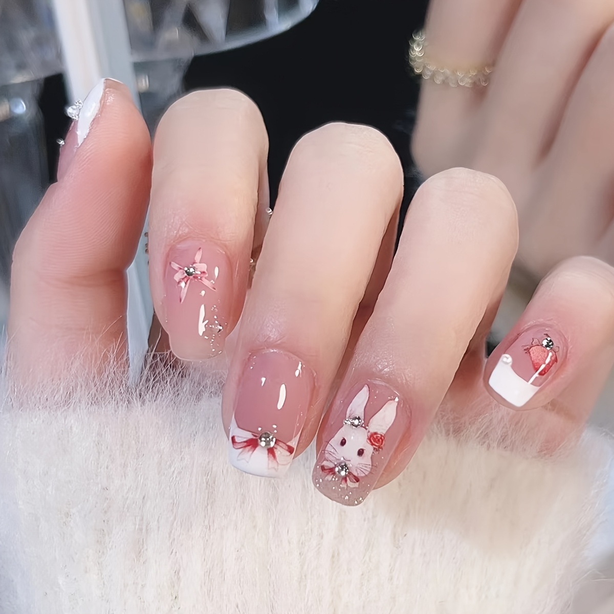 

24pcs Cute Bunny & Glitter Press-on Nails - Short Square, French Tip Design With Jelly Adhesive, Nail File & Wooden Stick Included - & Parties