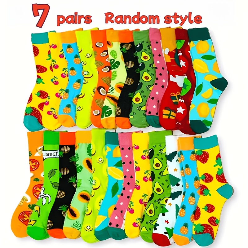 TEMU 7-pair (random Assortment) Men' & Women' Matching Couple Socks Suitable For - Fruit & Animal Print Mid-calf Crew Socks With Fruit/vegetable