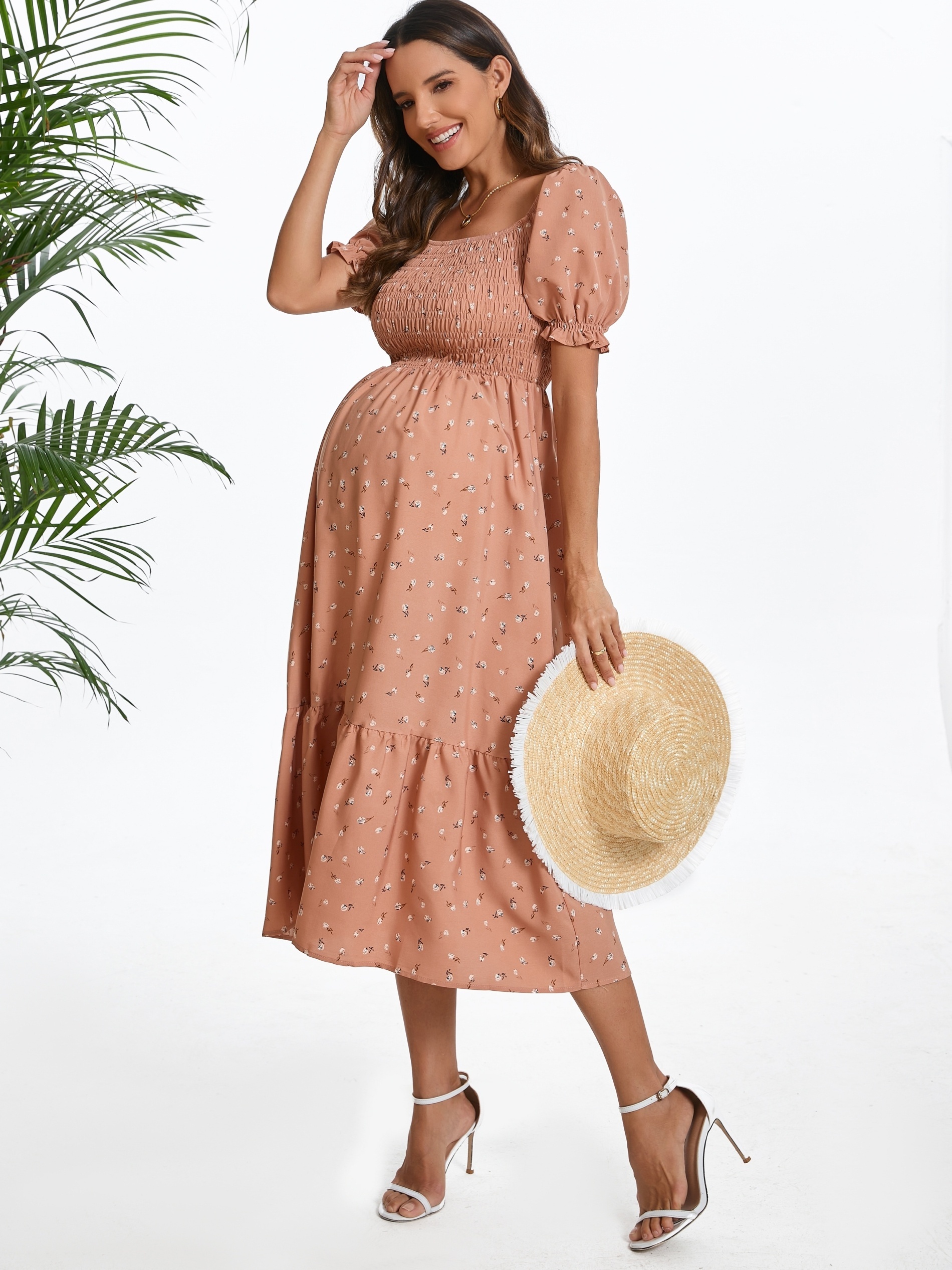 chic summer maternity dress square neckline puff sleeves - Temu