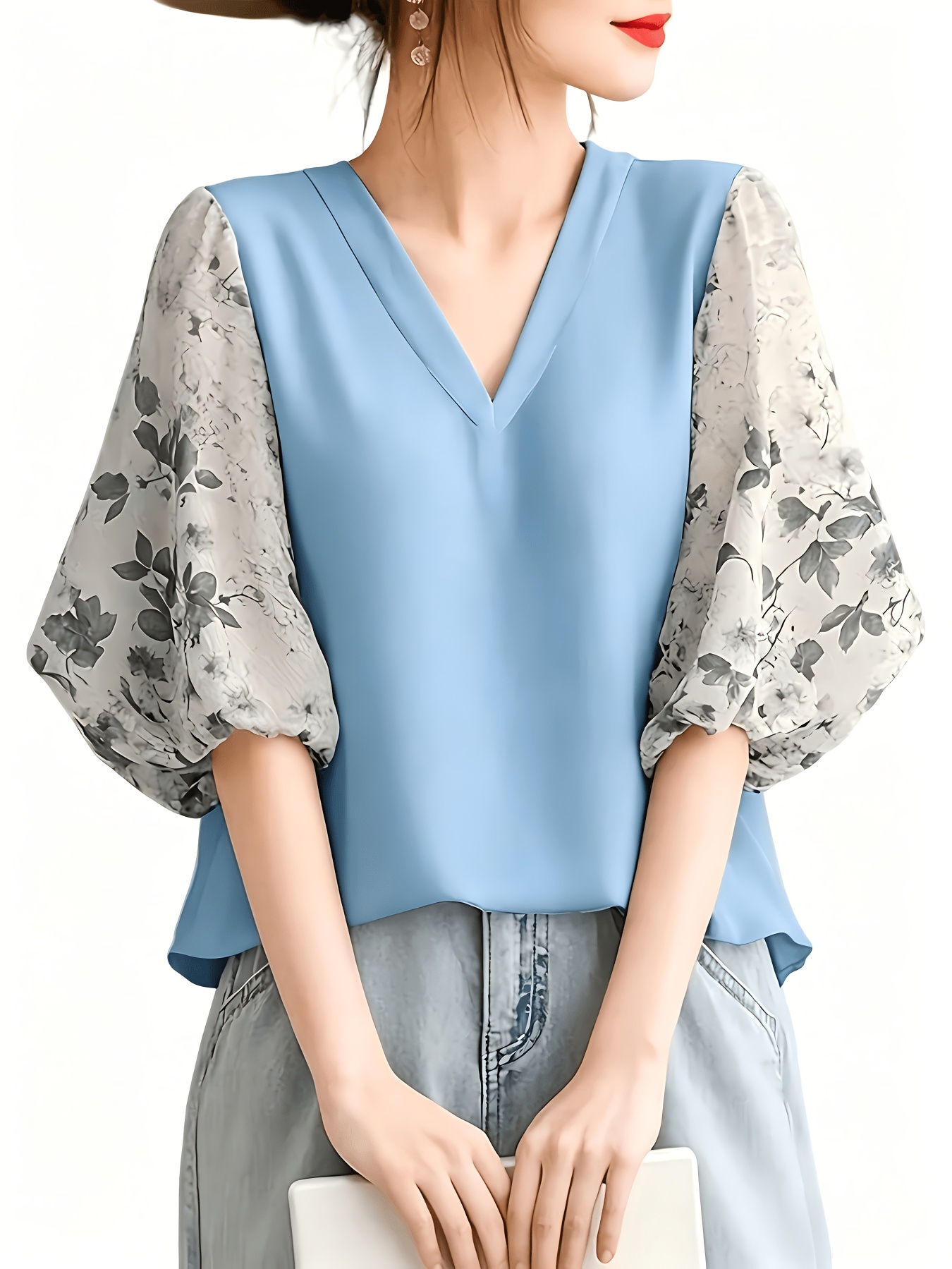 womens casual blouse korean   daily v neck printed short sleeve shirt