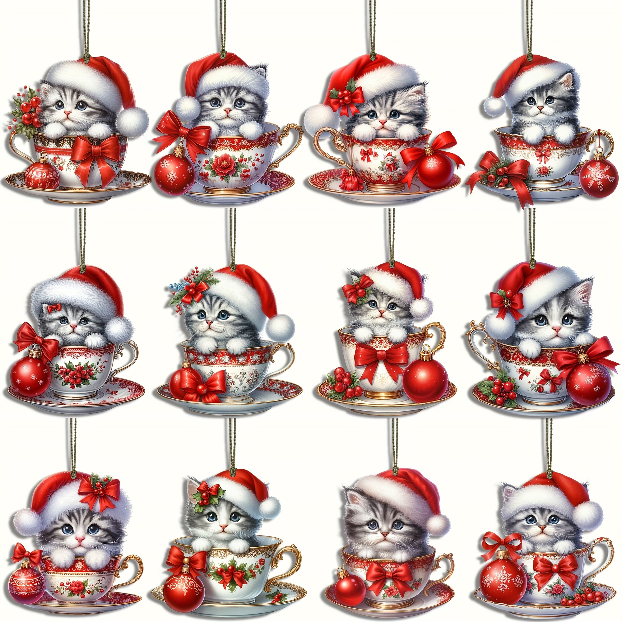 

12 Pcs Christmas Cat In Cup Ornaments, Handcrafted Plywood Tree Hanging Decorations, Holiday Gift Set, Wooden Charms For Seasonal Decor