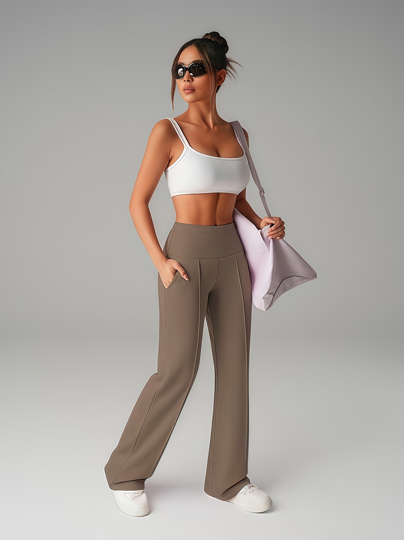 2条装 女士垂感喇叭裤 直筒阔腿裤 休闲速干带口袋女士瑜伽裤 弹力运动裤高腰打底裤 2