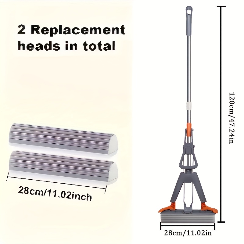 TEMU Absorbent Sponge Head Mop, Folding Mop, Double-fold Compression, 28cm/11in Wide With 2 Replaceable Heads, For Hand Washing, Perfect For Kitchen,