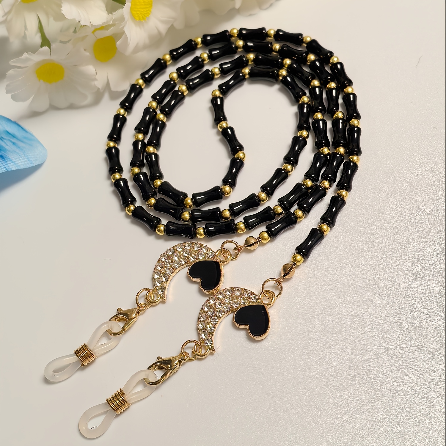 TEMU 【商品名】おしゃれな黒と金のメガネチェーン。竹製ビーズと月のハートペンダント付き。紛失や損傷を防ぐスアクセサリーとしてデザイン。