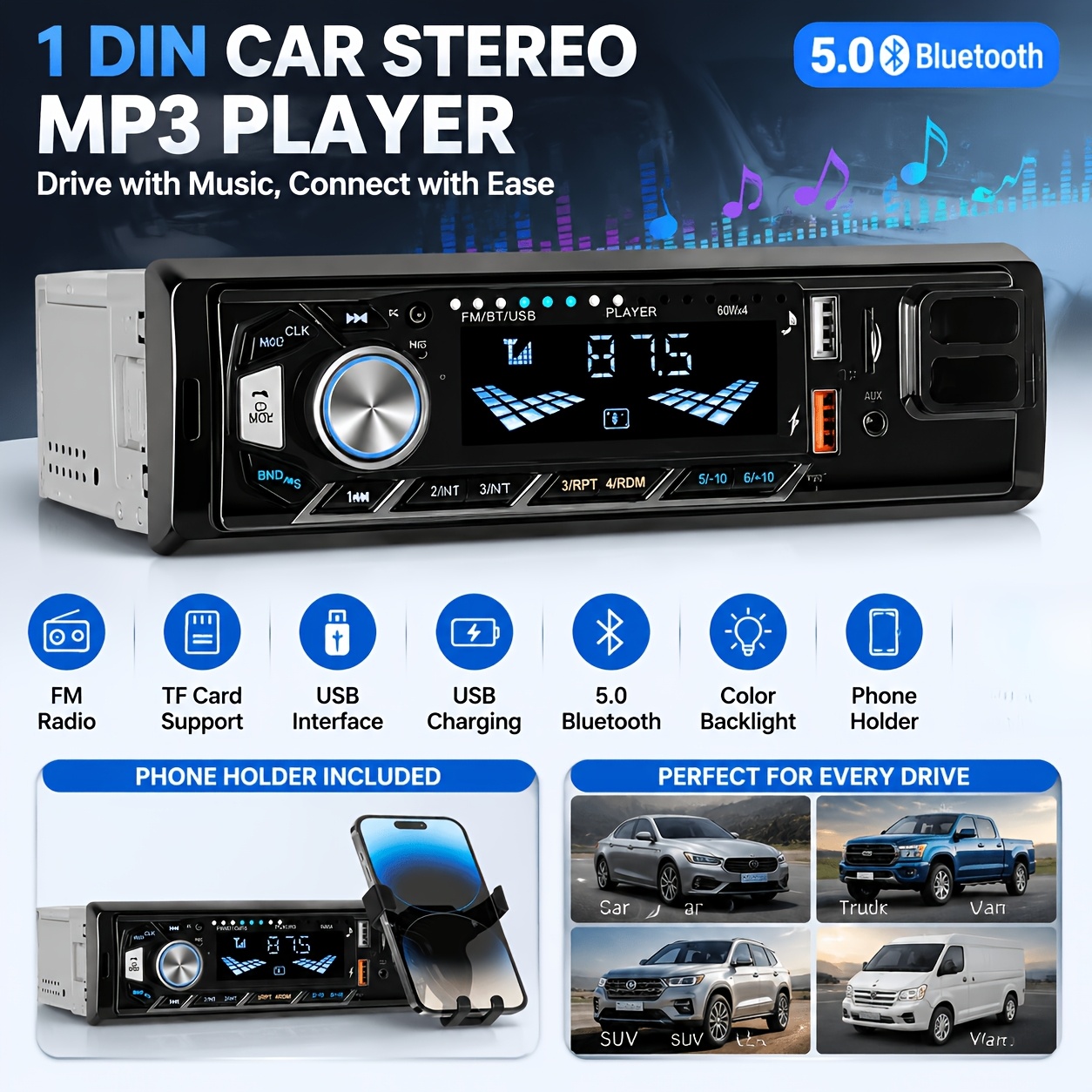 TEMU Single Din Mp3 Radio, In-dash Bluetooth Audio With Bluetooth, Phone Holder, Fm Radio, Color Backlight, Car Radio Mp3 Player Support Tf Card/aux
