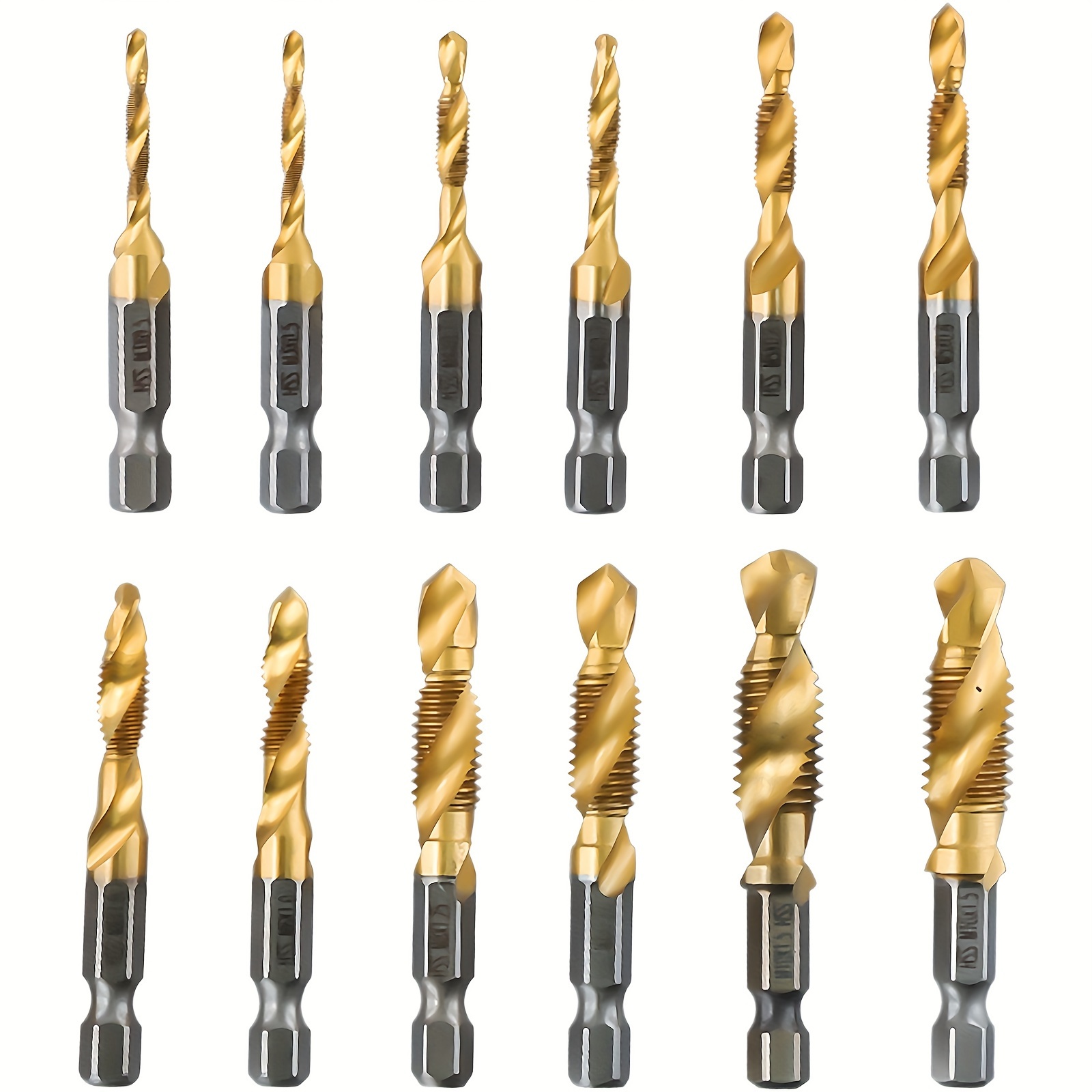 Image of 12pcs -coated Steel Tap Drill Bit Set With Hex Shank - M3 To M10 Sizes For Wood, Plastic And Metal