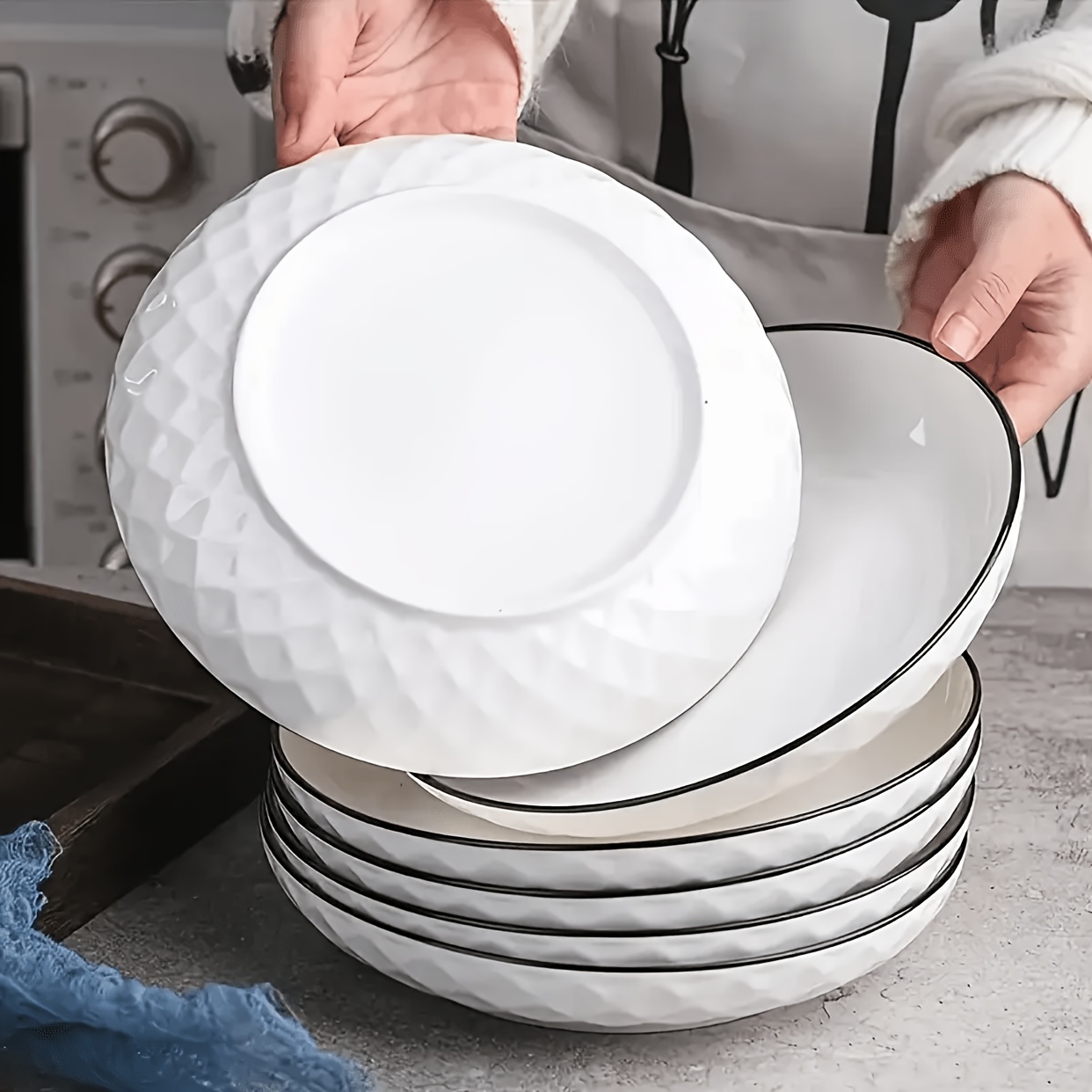 TEMU 6pcs Set Of Diamond-patterned Ceramic Salad Plates, 8-inch Dinner Plates, White Round Plates, Suitable For Pasta, Salad, Desserts, Sushi, Home