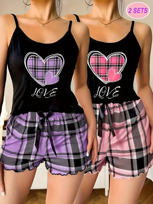 2 sets womens heart print frill trim casual pajama set round neck backless cami top shorts comfortable relaxed fit summer nightwear