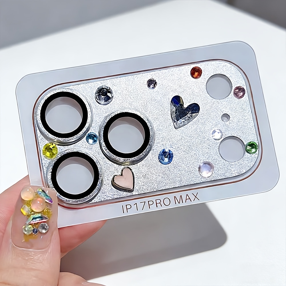 TEMU Autocollant de luxe 3D de cœur avec strass étincelants pour objectif de caméra, compatible avec Iphone 17 Pro Max - Film protecteur mat , design