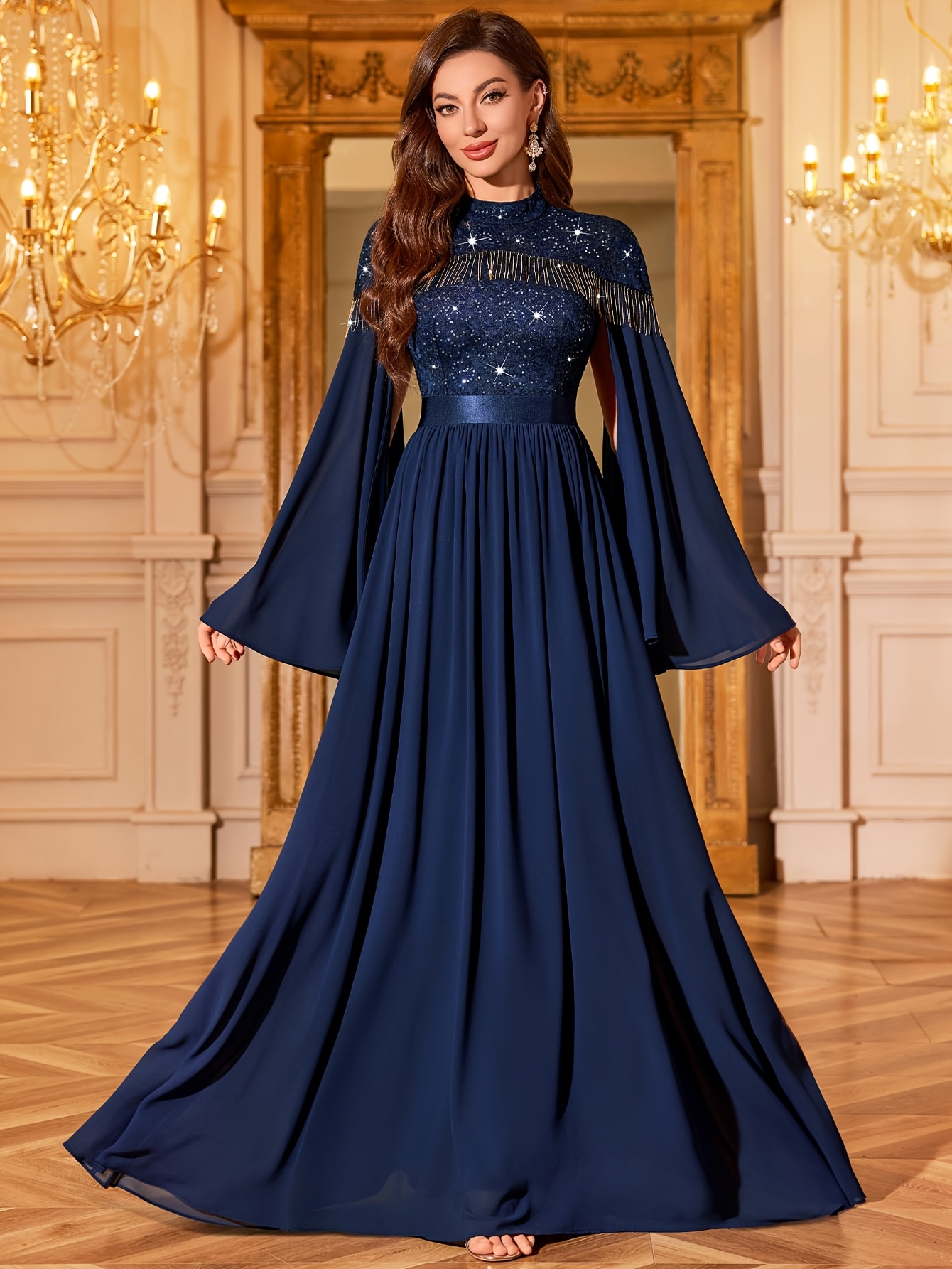 amazon dusty blue dress A-Line Puff Sleeves Velvet Satin Blue Long Prom Dress, Blue Long Eveni –  shdress main image 0