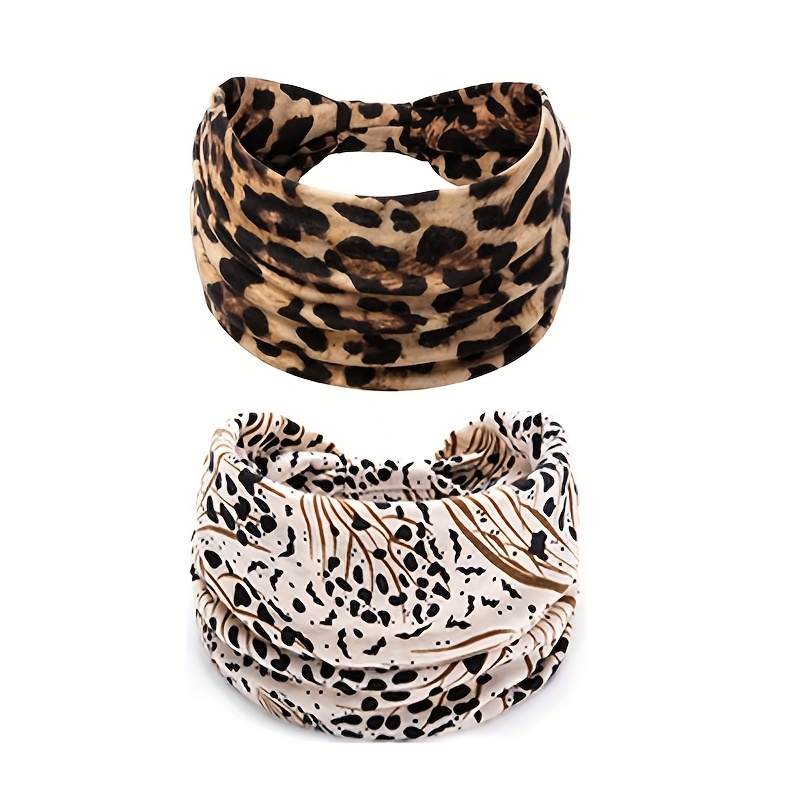 E-shop 2er-Pack modische, geknotete, breite Stirnbänder für Damen mit Leopardenmuster, rutschfeste, weiche bequeme Stirnbänder im Bohemian-Stil,