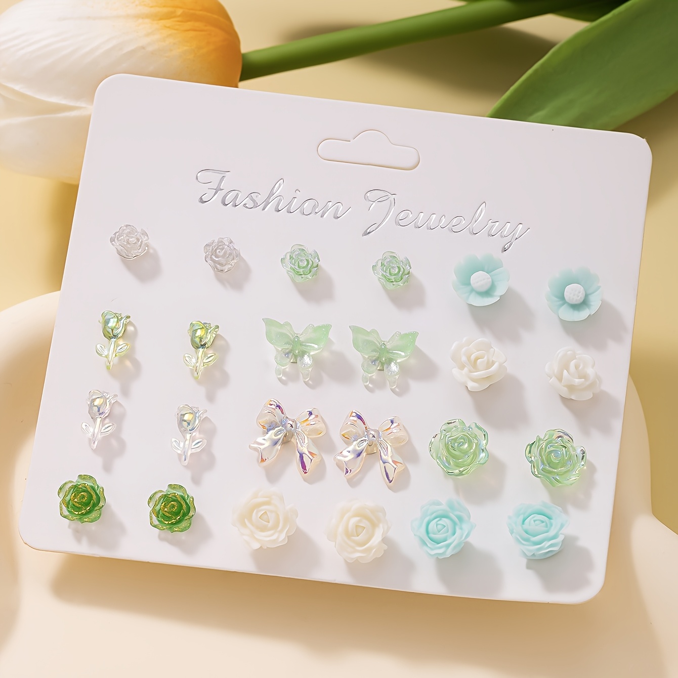 Image of A Set Of 12 Pairs Of Fashionable, Fresh, Cute, And Sweet-style Multicolor Flower Bow Earrings For Women, Suitable For Daily Wear, Jewelry, Holiday Gifts, And Multi-piece Sets