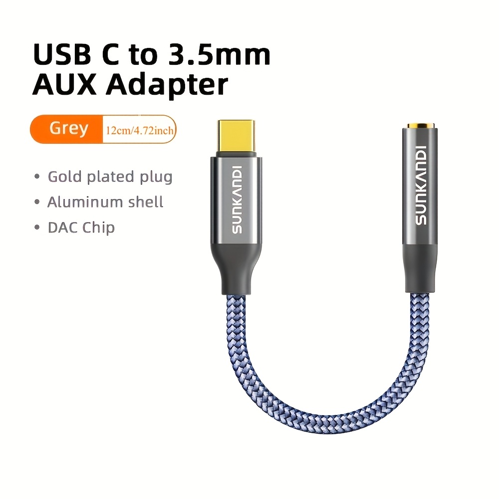 Image of Sunkandi Usb C To 3.5mm Female Headphone Adapter, Type C To 3.5mm Female Aux Audio Cable Cord For S24/s23/s22, Pro, Pixel 9/8 Grey