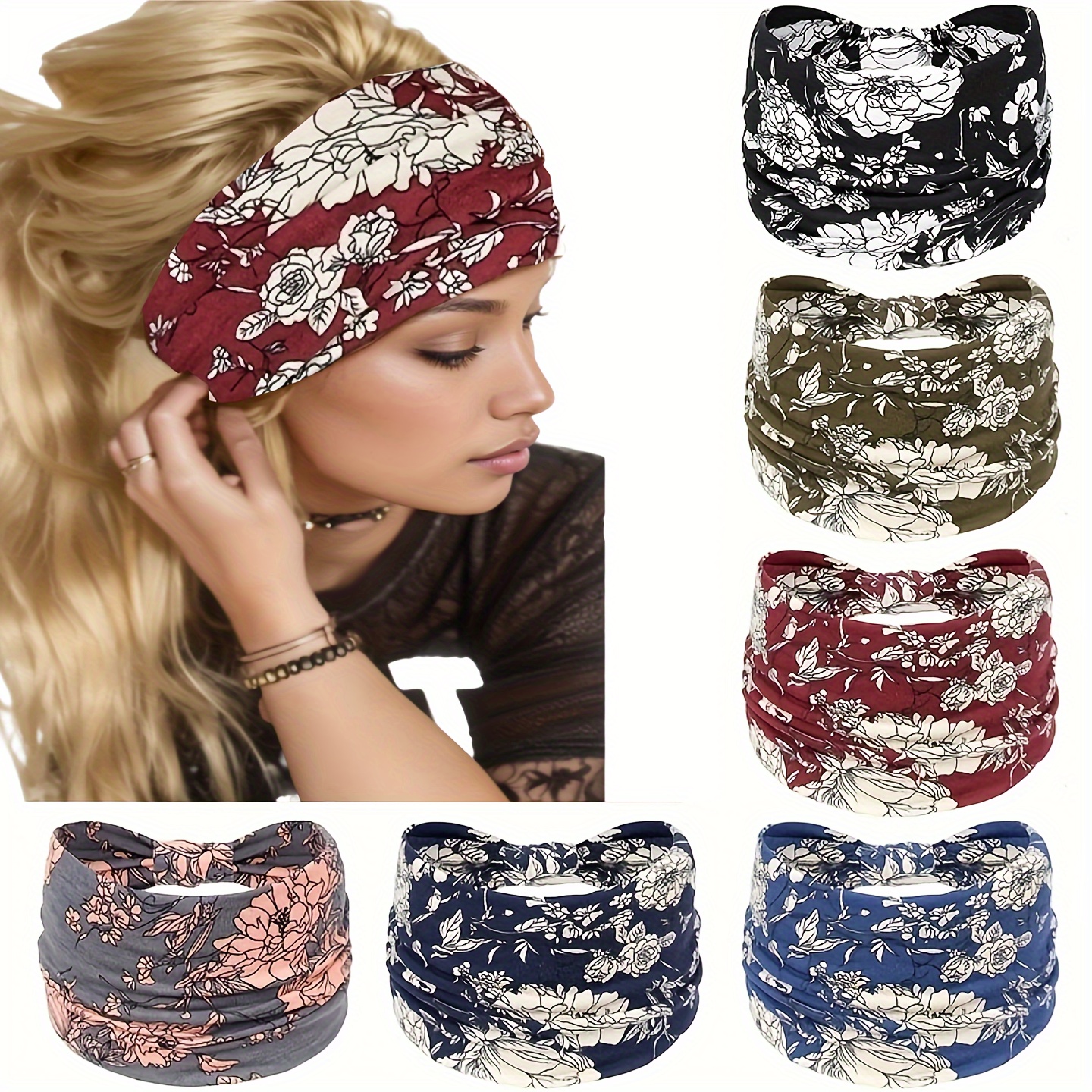 

6-piece Boho Style Headbands: Rose Printed, Large, Knit Headbands For Yoga, Running, And More - Cotton Blend Material