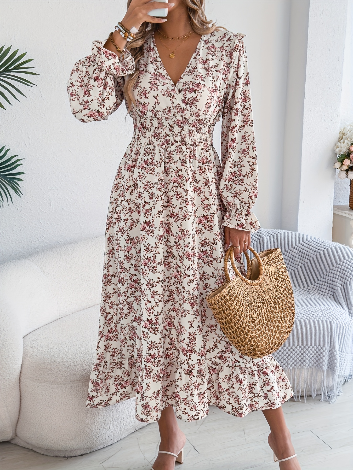 autumn winter casual elegant v neck long flared sleeve waist - Temu