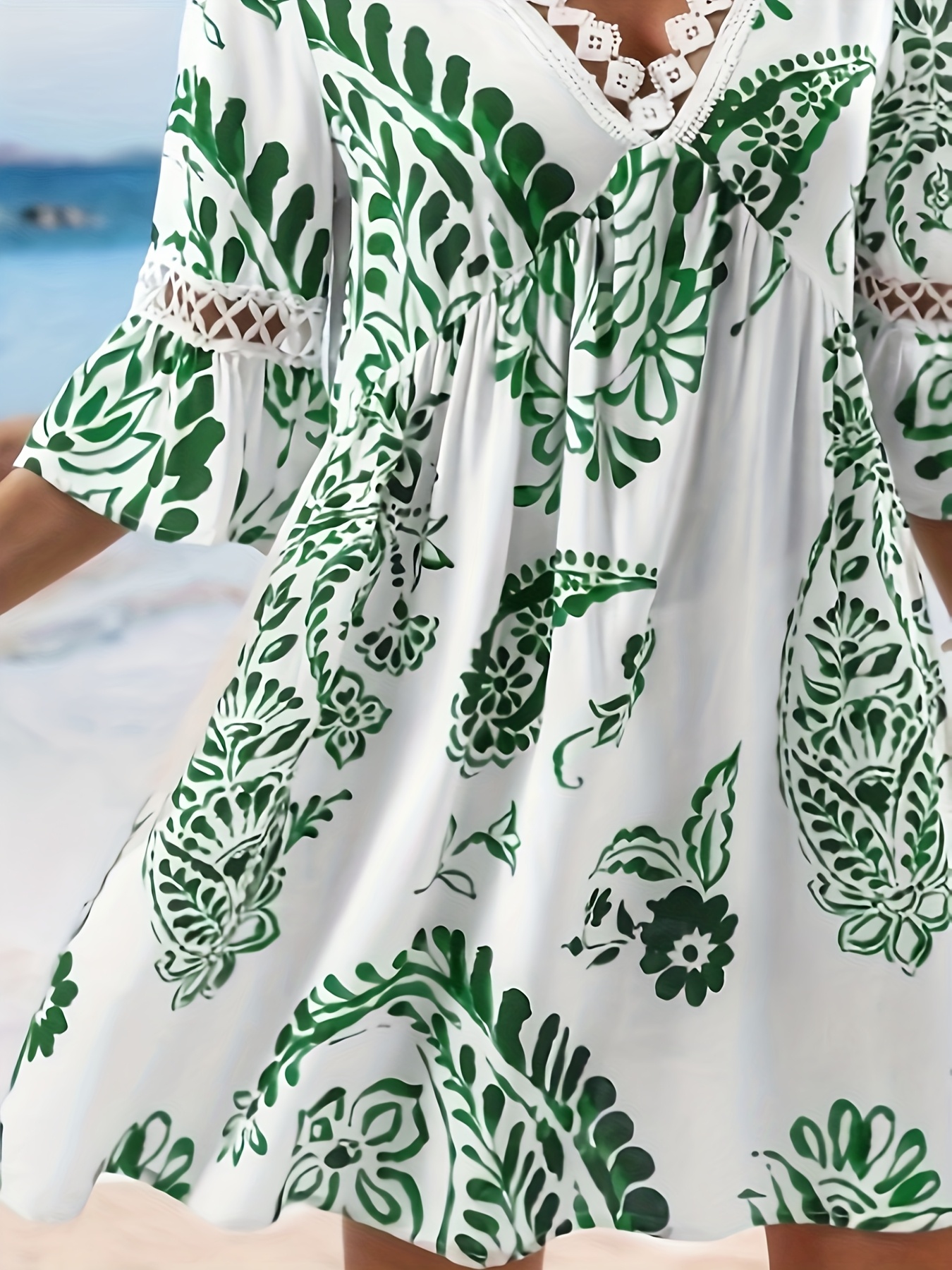 elegant green paisley v neck mini dress lace trim half - Temu Oman
