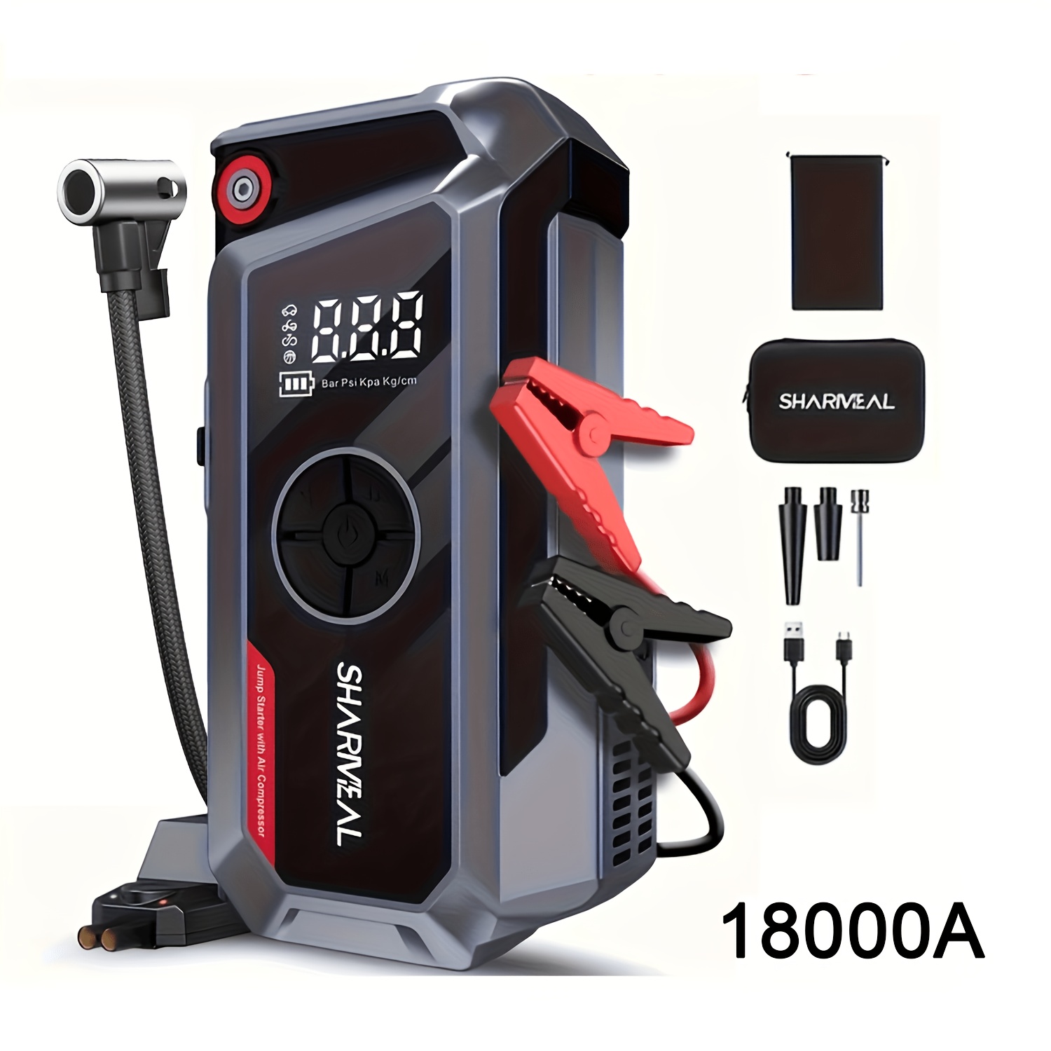 TEMU SHARMEAL 10000A/18000A Arrancador de Coche de Resistencia con Compresor de Aire, de Energía de 12V, Booster de Batería Multifunción 9 en 1 para