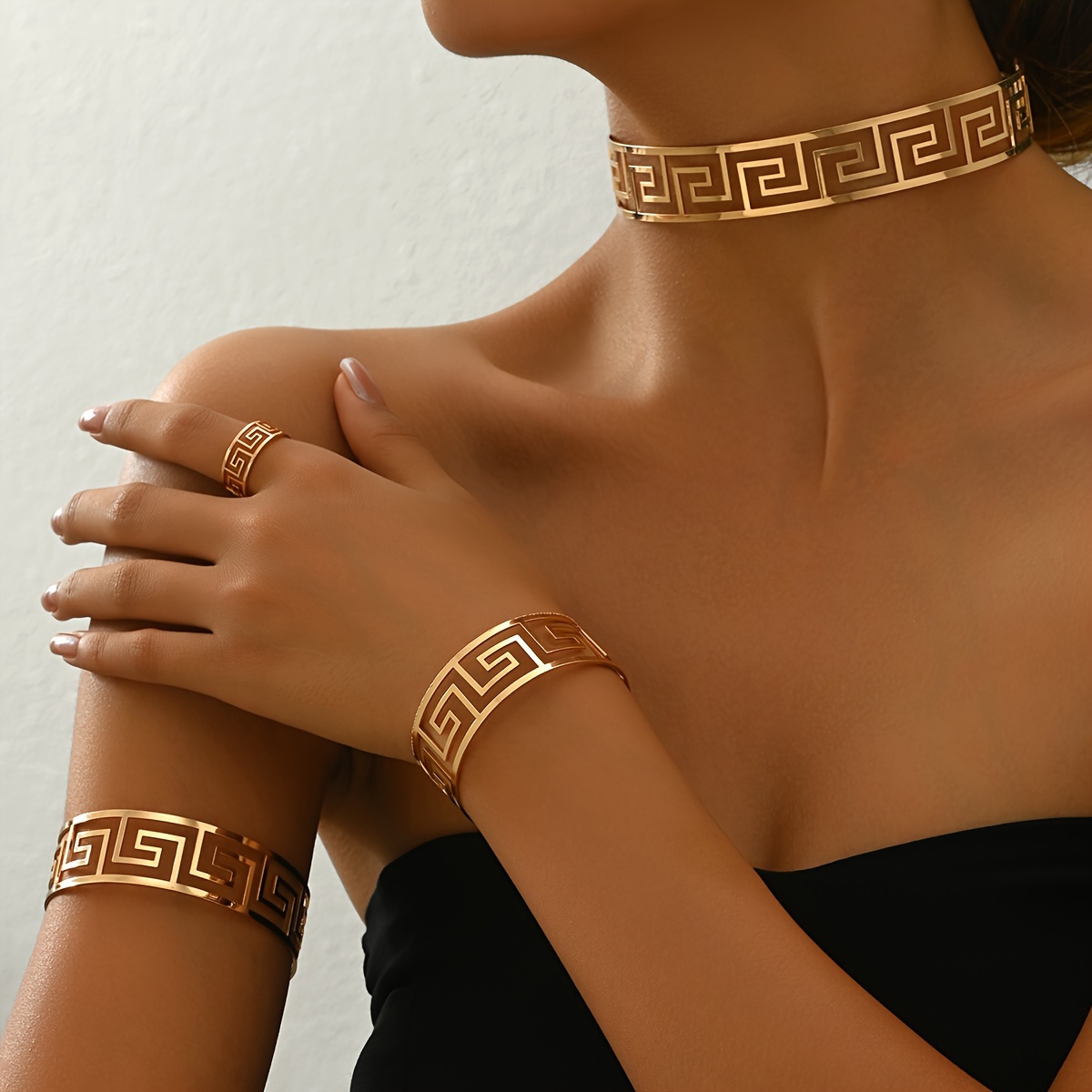 

Vintage-inspired Geometric Cutout Greek Jewelry Set For Women - Alloy Choker, Bracelet, Arm Cuff, Ring Set - For Daily & Party Wear