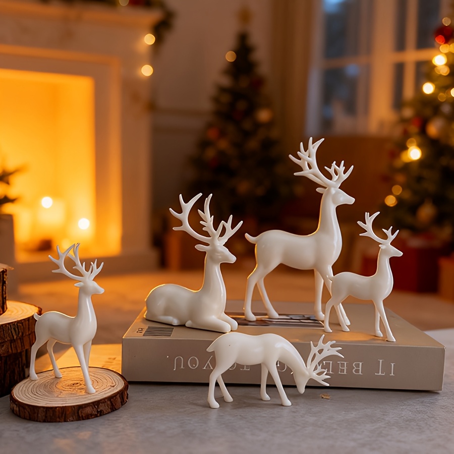 5pcs Deer Christmas & Thanksgiving Table Centerpiece - Classic Combo With Fawns, Durable Plastic Deer Figures Suitable For Home, Mantel, Table Decor - Elegant Holiday Table Setting